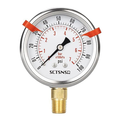 0 to 100 Psi Pressure Gauge, Glycerin Liquid Filled, 2.5 inch Dial, 1/4" NPT Lower Mount, Stainless Steel Case, for Water Pump, Pneumatic Air, Well Tank, RV Hose, Gas, Low Pressure Test
