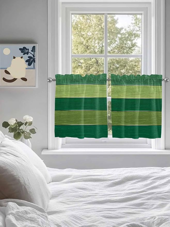 Farm Retro Green Wood Grain Window Valance Curtains, Rustic Wooden Plank Texture Light Filtering Kitchen Valance with 3-inch Rod Pocket for Living Room Bathroom Bedroom,2 Panel,27.5x36In