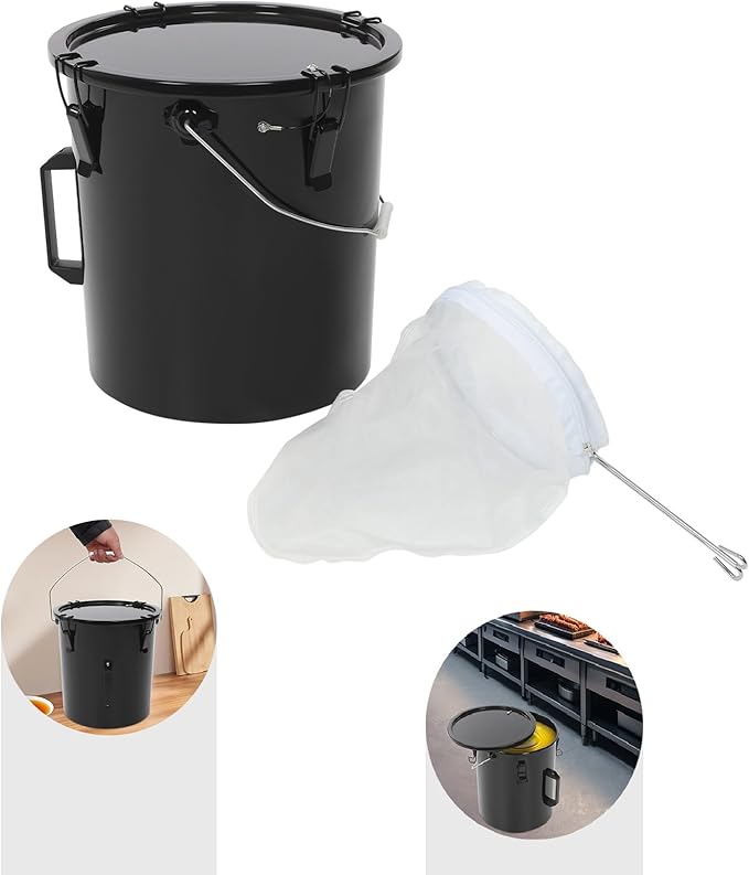 Deep Fryer Oil Storage Container with Filter,6 Gallon Bucket with Lid, Strainer Bag and Handle, Carbon Steel Oil Grease Disposal Container for Deep Fryer Oil Filtering/Storage - Black