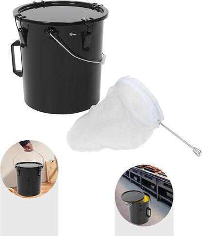 Deep Fryer Oil Storage Container with Filter,6 Gallon Bucket with Lid, Strainer Bag and Handle, Carbon Steel Oil Grease Disposal Container for Deep Fryer Oil Filtering/Storage - Black