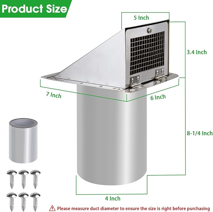 Dryer Vent Cover Outdoor 4 Inch,Dryer Vent Cover Outside,Exterior Hooded Wall Vent w/Screen & Damper,Wall Mount Extractor Vent Cap Exhaust Vent Cover for Dryer Duct AC Air Ventilation,Stainless Steel