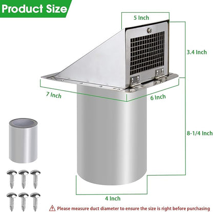 Dryer Vent Cover Outdoor 4 Inch,Dryer Vent Cover Outside,Exterior Hooded Wall Vent w/Screen & Damper,Wall Mount Extractor Vent Cap Exhaust Vent Cover for Dryer Duct AC Air Ventilation,Stainless Steel
