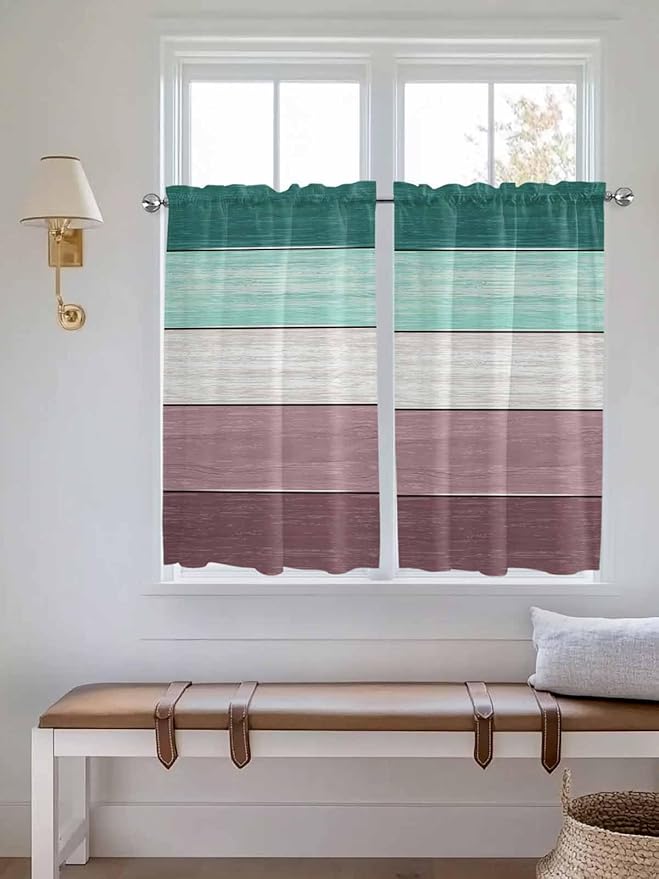 Retro Farm Woodcuts Texture Window Valance Curtains, Green Brown Gradient Light Filtering Kitchen Valance with 3-inch Rod Pocket for Living Room Bathroom Bedroom,2 Panel,42x45In