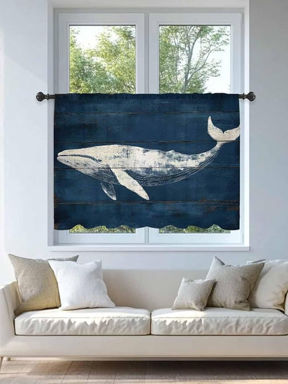 Sheer Curtains 45 Inch Length, Summer Whale Semi Sheer Curtains Light Filtering Window Treatment, Ocean Vintage Wooden Grain Blue Privacy Voile Drapes for Living Room Bedroom 52x45 Inch