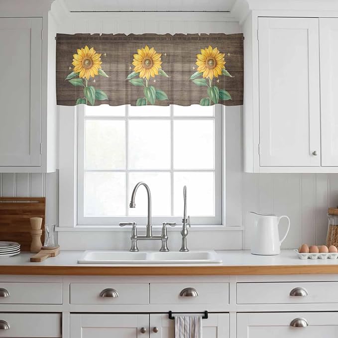 Summer Sunflower Sheer Valance Curtains, Yellow Floral Plants Bees Brown Wood Grain Light Filtering Kitchen Valances Rod Pocket Voile Curtain Window Treatment for Bedroom/Living Room/Basement 42Wx18L