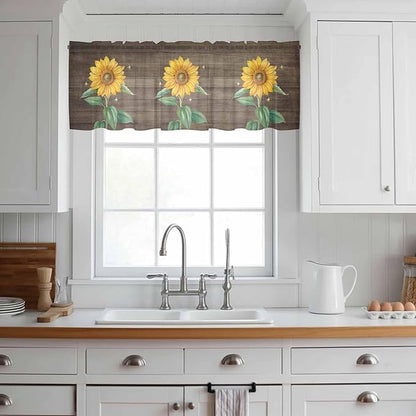 Summer Sunflower Sheer Valance Curtains, Yellow Floral Plants Bees Brown Wood Grain Light Filtering Kitchen Valances Rod Pocket Voile Curtain Window Treatment for Bedroom/Living Room/Basement 42Wx18L