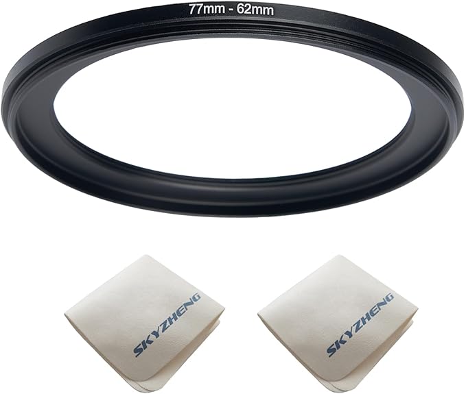 77mm Lens to 62mm Camera Lens Adapter 77mm to 62mm Step Down Ring Adapter Ring for All Brands of UV ND CPL, with Premium Lens Wiping Cloth 2 Pack (77mm-62mm)