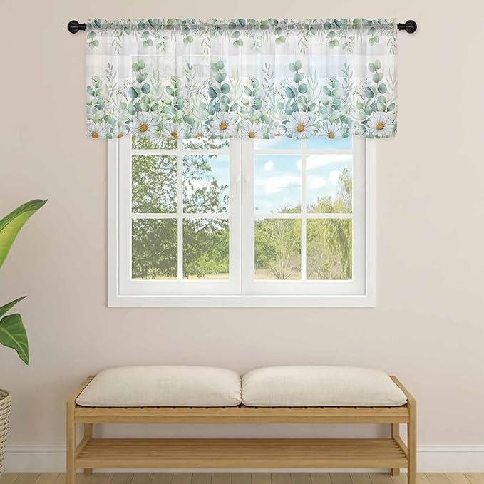Eucalyptus Leaves Daisy Sheer Valance Curtains, Summer Farmhouses Gray Plaid Light Filtering Kitchen Valances Rod Pocket Voile Curtain Window Treatment for Bedroom/Living Room/Basement 42Wx18L