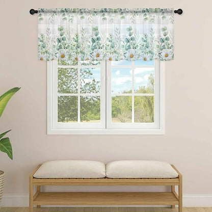 Eucalyptus Leaves Daisy Sheer Valance Curtains, Summer Farmhouses Gray Plaid Light Filtering Kitchen Valances Rod Pocket Voile Curtain Window Treatment for Bedroom/Living Room/Basement 42Wx18L