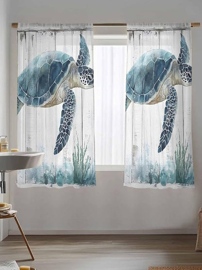 Sheer Curtains 72 Inches Long, Sea Turtle Teal Blue Semi Sheer Curtains Light Filtering Window Treatment, Summer Coastal Ocean Wood Grain Privacy Voile Drapes for Living Room Bedroom 52x72 Inch