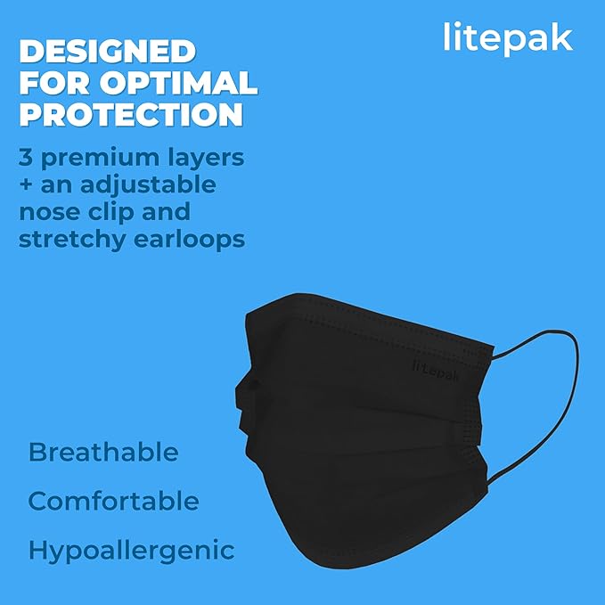 Litepak - 1,000 PCS - Disposable Face Masks for Home & Office - Breathable & Comfortable Filter (Black)