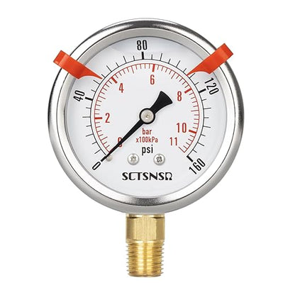 0 to 160 Psi Pressure Gauge, Glycerin Liquid Filled, 2.5 inch Dial, 1/4" NPT Lower Mount, Stainless Steel Case, for Air Compressor, Well Pump, Water, RV, CO2, Pipe, Gas, Pressure Test