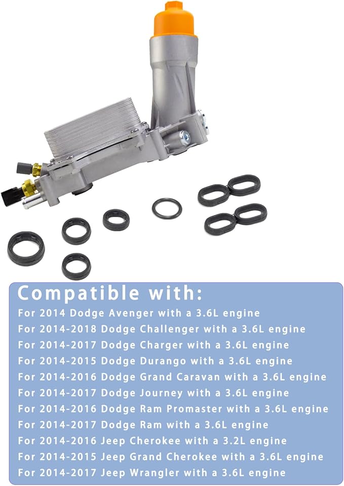 926-959 Aluminum Engine Oil Filter Housing Oil Cooler Kit with Gaskets & Sensors Compatible with 2011-2016 Chrysler Charger Challenger Journey Wrangler Ram Promaster 3.6L (orange)