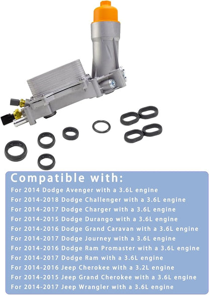 926-959 Aluminum Engine Oil Filter Housing Oil Cooler Kit with Gaskets & Sensors Compatible with 2011-2016 Chrysler Charger Challenger Journey Wrangler Ram Promaster 3.6L (orange)