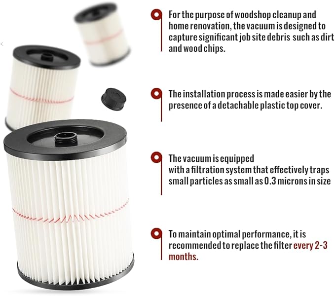 17816/9-17816 Red-Stripe Cartridge Filter Replacement – Compatible with Craftsman 5–32 Gallon Wet/Dry Shop Vac – Washable Pleated Vacuum Filter, 1 Pack