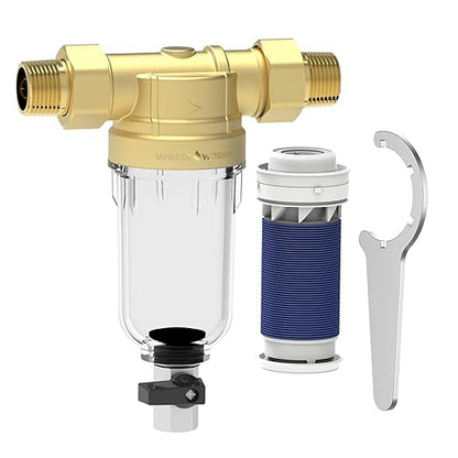 90 Micron Disc Spin Down Sediment Filter, Reusable ＆ Anti-Clog Whole House Water Filter, Pre-Filtration System for City/Well Water, 3/4" MNPT, BPA Free