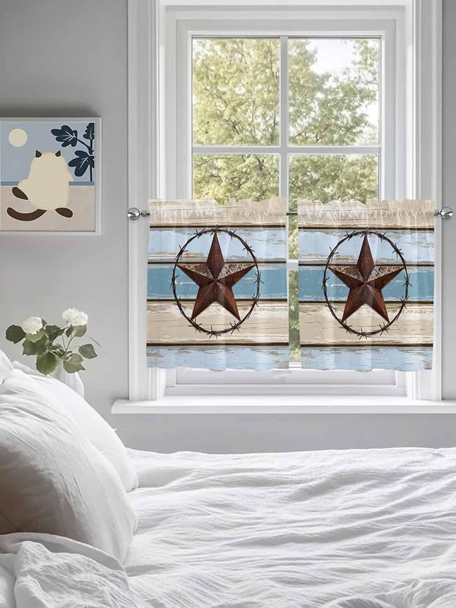 Vintage Western Star on Wood Grain Window Valance Curtains, Retro Wooden Texture Light Filtering Kitchen Valance with 3-inch Rod Pocket for Living Room Bathroom Bedroom,2 Panel,27.5x36In