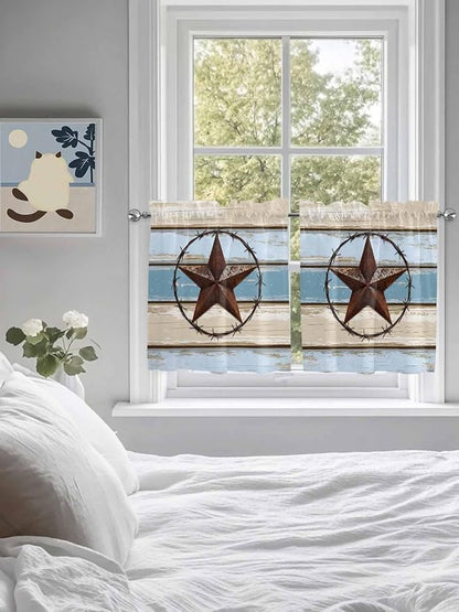 Vintage Western Star on Wood Grain Window Valance Curtains, Retro Wooden Texture Light Filtering Kitchen Valance with 3-inch Rod Pocket for Living Room Bathroom Bedroom,2 Panel,27.5x36In