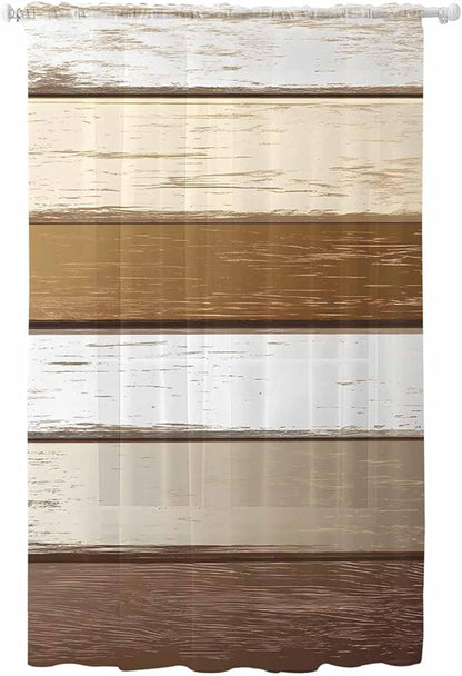Sheer Curtains 96 Inches Long, Vintage Geometric Brown Semi Sheer Curtains Light Filtering Window Treatment, Farmhouse Country Chic Wood Grain Privacy Voile Drapes for Living Room Bedroom 52x96 Inch