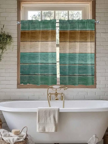 Vintage Plank Turquoise Brown Window Valance Curtains, Farmhouse Wood Grain Light Filtering Kitchen Valance with 3-inch Rod Pocket for Living Room Bathroom Bedroom,2 Panel,42x54In