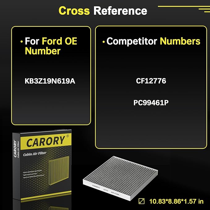 Cabin Air Filter w/Activated Carbon for Ford Ranger 2019 2020 2021 2022 2023 2024 2025 2026, KB3Z19N619A, CF12776, FP-88