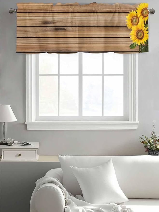 Kitchen Valances for Window, Farm Sunflower on Vintage Wood Grain Light Filtering Rod Pocket Valance Curtain, Spring Country Plant Short Curtains Window Topper for Bedroom Living Room 54x18in