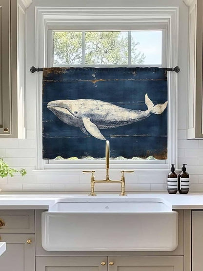Sheer Curtains 45 Inch Length, Ocean Vintage Whale Semi Sheer Curtains Light Filtering Window Treatment, Summer Retro Wood Grain Privacy Voile Drapes for Living Room Bedroom 52x45 Inch