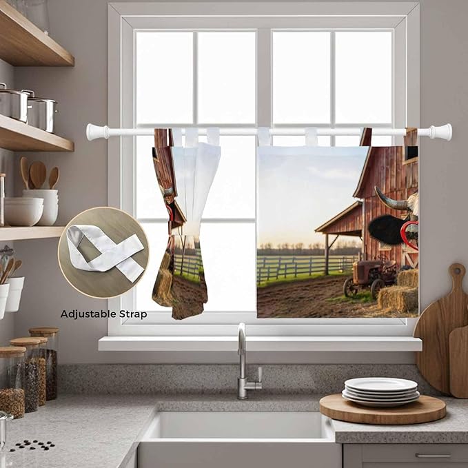 Farm Cows Kitchen Curtains 24 Inch Length, Small Window Curtains Tab Top, Farmhouse Barn Funny Animals Butterfly Light Filtering Short Window Treatments Tier Drapes 27.5"x24" 2 Panel