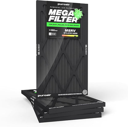 PuroAir MegaFilter - 14x25x1 Air Filter MERV 13 Activated CarbonTech Defense - Heavy Duty 3 Layer Furnace Filters Allergens, Pollen, Dust, Pet Dander, Smoke, Odors - HVAC Air Filter 14x25x1 (4-Pack)