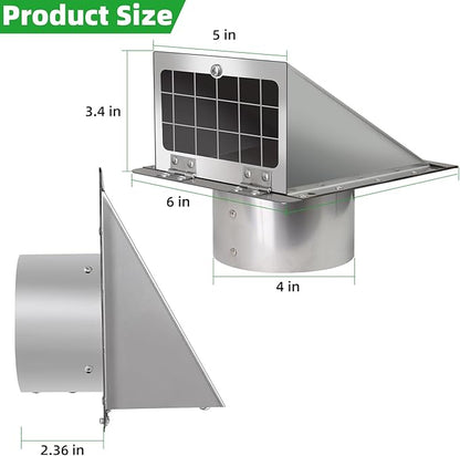 4 Inch Dryer Vent Cover Outside with Mesh with Cushioned Flap,304 Stainless Steel Wall Vent Exhaust Vent Cover,4" Outdoor Dryer Vent Cover Hood Exterior Wall Vent Cover Cap for Range Hood Vent AC Vent