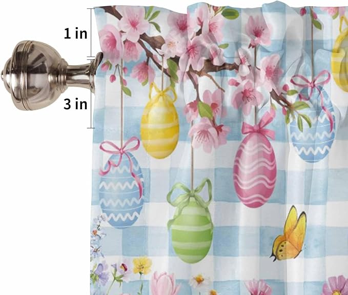 Happy Easter Half Window Curtains 24 Inches Long, Spring Watercolor Bunny Eggs Flower Blue Plaid Window Treatment Curtain Drapes, Short Curtains Tiers for Kitchen Over Sink, 27.5"x24", 2 Panels