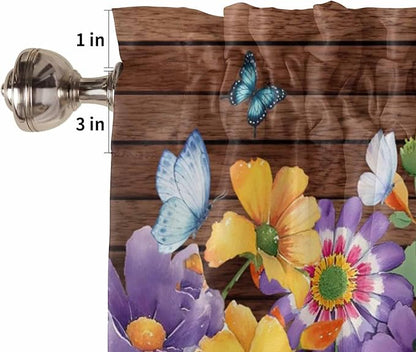 Spring Flowers Bedroom Curtains 63 Inches length, Watercolor Farmhouse Colorful Wooden Grain Window Treatment Curtain Drapes, Rod Pocket Curtain Panels for Living Room Kitchen, 42"x63", 2 Panels