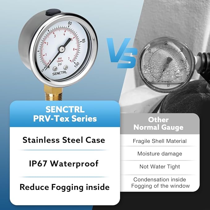 SENCTRL 0-100 Psi Pressure Gauge, 2" Dial Size, 1/4 NPT Lower Mount, Waterproof, Stainless Steel Case, for Water Filter Well Pump Air Tire Low Pressure Test