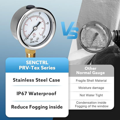 SENCTRL 0-100 Psi Pressure Gauge, 2" Dial Size, 1/4 NPT Lower Mount, Waterproof, Stainless Steel Case, for Water Filter Well Pump Air Tire Low Pressure Test