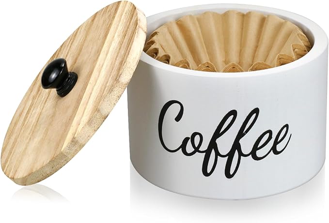 Wooden Coffee Filter Holder with Lid, Basket Coffee Filter Storage Container for Counter, Rustic Farmhouse Café Bar Decor, 50 Count Capacity (White)