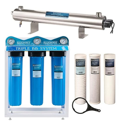Bluonics 24 GPM Well Water Filter System with 110W UV, Triple 4.5"x20" Housings, Sediment & Carbon Filters Included
