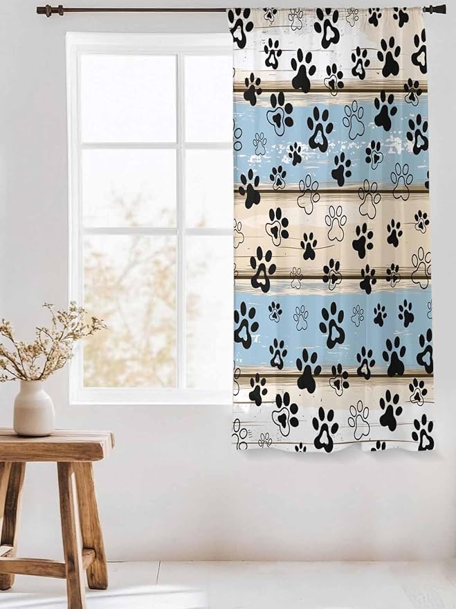 Sheer Curtains 63 Inch Length, Blue Beige Paw Print Semi Sheer Curtains Light Filtering Window Treatment, Vintage Farmhouse Rustic Wooden Grain Privacy Voile Drapes for Living Room Bedroom 52x63 Inch