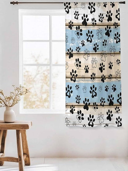 Sheer Curtains 63 Inch Length, Blue Beige Paw Print Semi Sheer Curtains Light Filtering Window Treatment, Vintage Farmhouse Rustic Wooden Grain Privacy Voile Drapes for Living Room Bedroom 52x63 Inch