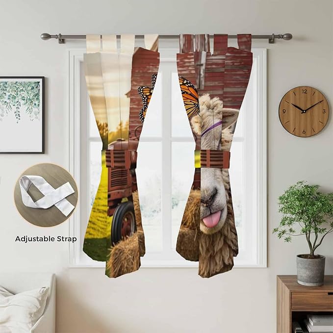 Farm Sheep Bathroom Curtains 63 Inch Length, Window Curtains Tab Top, Farmhouse Barn Funny Animals Butterfly Light Filtering Window Treatments Drapes 52"x63" 2 Panel