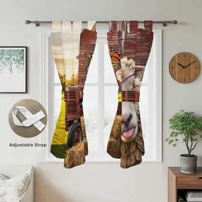 Farm Sheep Bathroom Curtains 63 Inch Length, Window Curtains Tab Top, Farmhouse Barn Funny Animals Butterfly Light Filtering Window Treatments Drapes 52"x63" 2 Panel