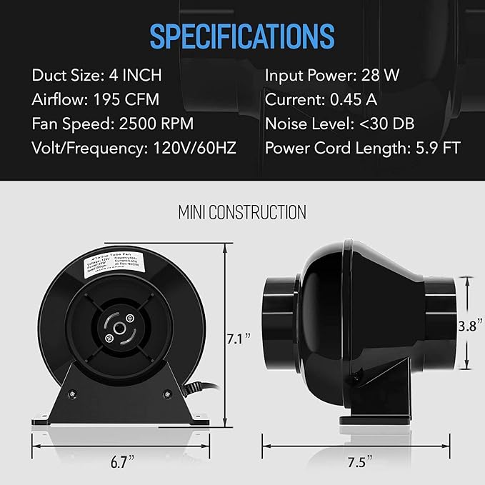 iPower 4 Inch 195 CFM Inline Fan Air Carbon Filter with Hook, 8 Feet Ducting Combo, for Grow Tent Ventilation, Kits, HVAC Heating Cooling