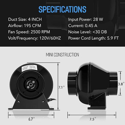iPower 4 Inch 195 CFM Inline Fan Air Carbon Filter with Hook, 8 Feet Ducting Combo, for Grow Tent Ventilation, Kits, HVAC Heating Cooling