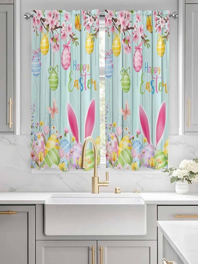 Happy Easter Bedroom Curtains 63 Inches length, Spring Bunny Eggs Flower Teal Wood Grain Window Treatment Curtain Drapes, Rod Pocket Curtain Panels for Living Room Kitchen, 42"x63", 2 Panels