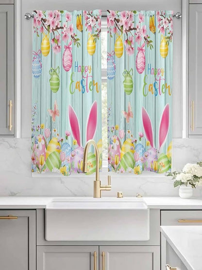 Happy Easter Bedroom Curtains 63 Inches length, Spring Bunny Eggs Flower Teal Wood Grain Window Treatment Curtain Drapes, Rod Pocket Curtain Panels for Living Room Kitchen, 42"x63", 2 Panels