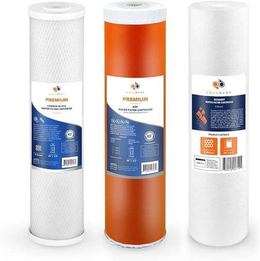 Aquaboon 5 Micron 20 x 4.5 Water Filters Whole House Set NSF Certified Water Filter Replacement Cartridges CTO & KDF & Sediment Compatible with FC25B