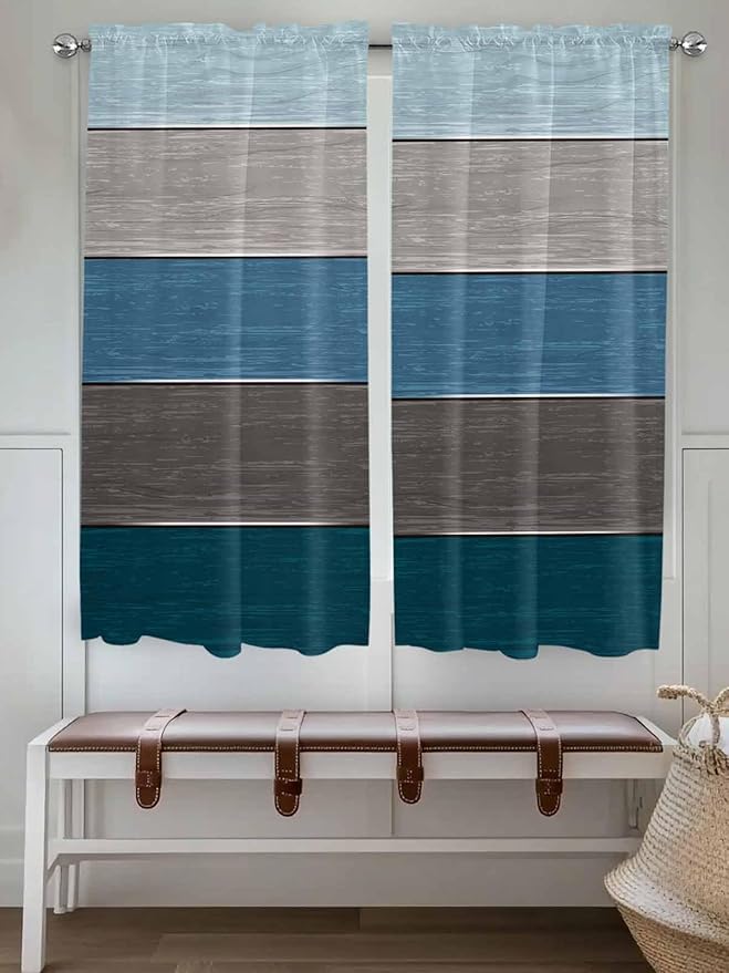 Retro Farm Blue Gray Wood Grain Window Valance Curtains, Rustic Wooden Plank Light Filtering Kitchen Valance with 3-inch Rod Pocket for Living Room Bathroom Bedroom,2 Panel,52x72In