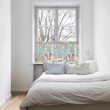 Happy Easter Half Window Curtains 24 Inches Long, Spring Bunny Eggs Flower Teal Wood Grain Window Treatment Curtain Drapes, Short Curtains Tiers for Kitchen Over Sink, 27.5"x24", 2 Panels