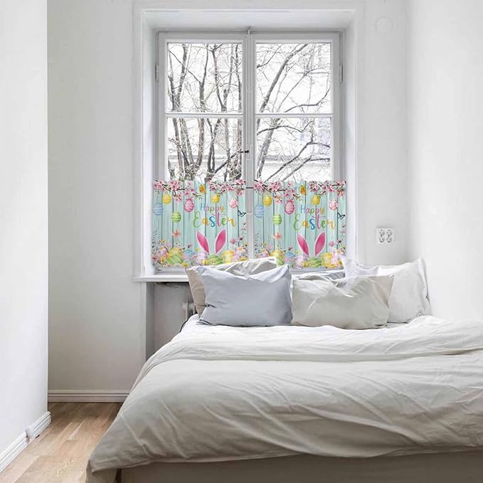 Happy Easter Half Window Curtain 36 Inches Long, Spring Bunny Eggs Flower Teal Wood Grain Window Treatment Curtain Drapes, Small Tier Curtains for Bathroom Over Sink, 27.5"x36", 2 Panels