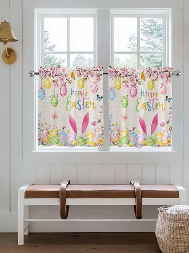 Happy Easter Half Window Curtains 24 Inches Long, Spring Farmhouse Bunny Eggs Flower Beige Window Treatment Curtain Drapes, Short Curtains Tiers for Kitchen Over Sink, 27.5"x24", 2 Panels