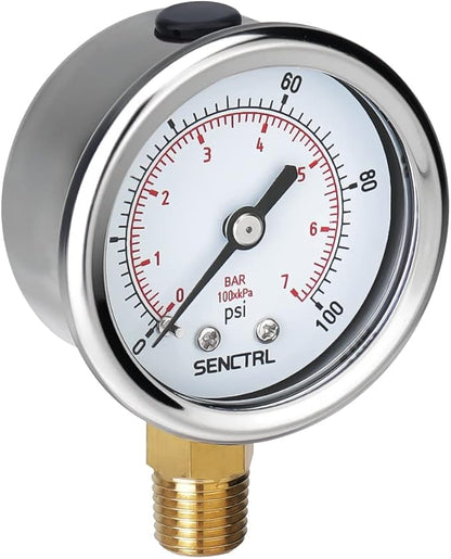 SENCTRL 100 Psi Lead-Free Pressure Gauge, 2" Dial, 1/4 NPT Lower Mount, Waterproof, Stainless Steel Case, for Home Potable Water Tank, Well Pump, RV Regulator, Espresso, Pool Filter Test